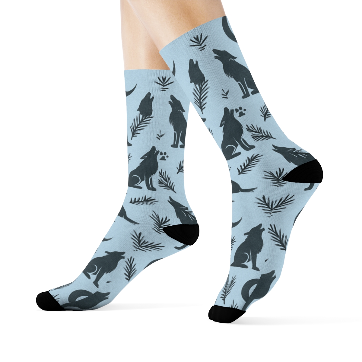 Gray Wolf Moonlit Howl Lattice On Icy Blue unique graphic crew socks