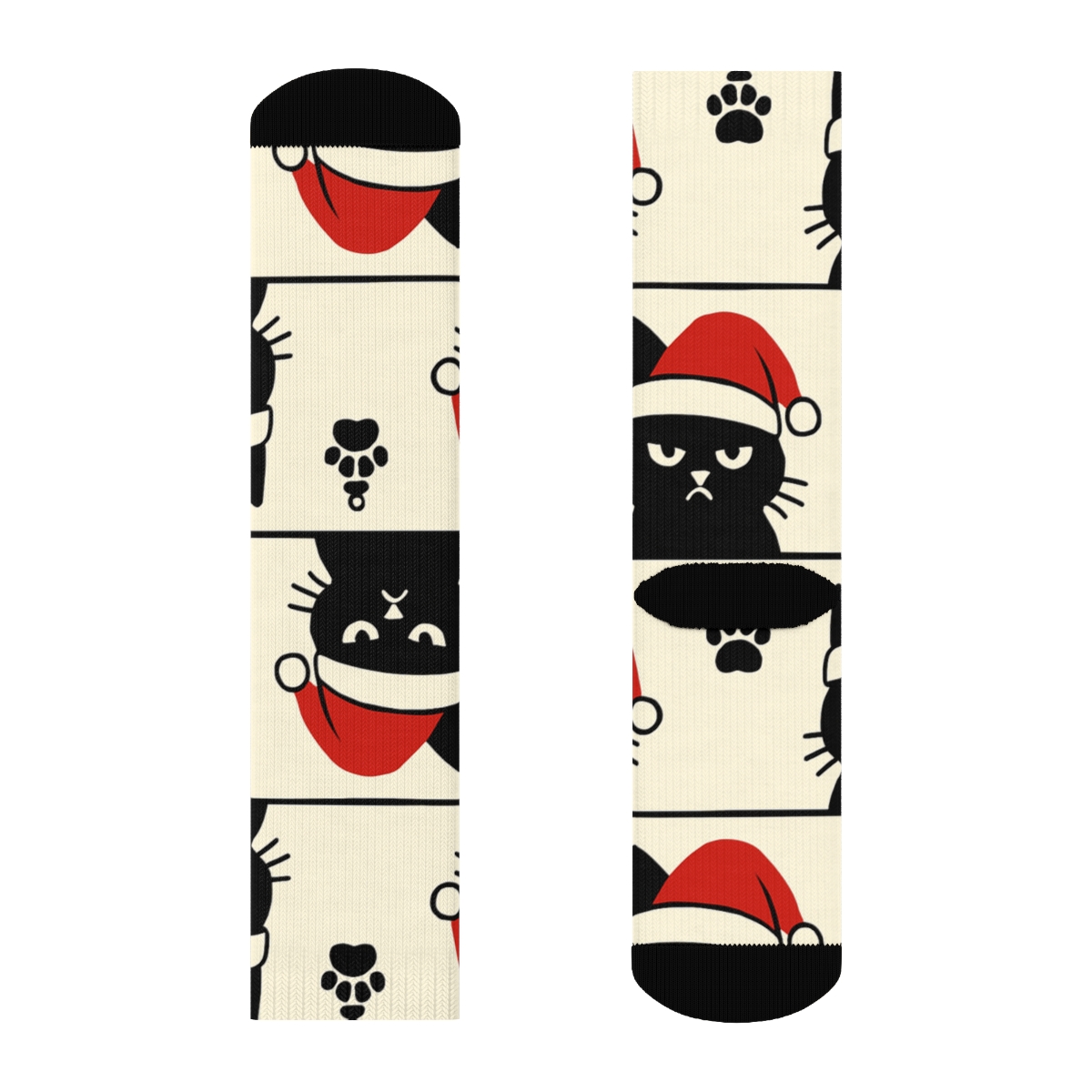Grumpy Santa Hat Cat Silhouette Stripe Repeat On Warm Ivory Background custom crew socks
