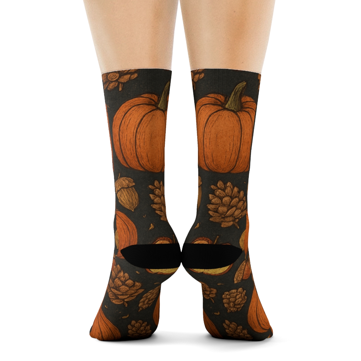 Harvest Pumpkin And Acorn Mirror Tile On Charcoal Background trendy patterned crew socks