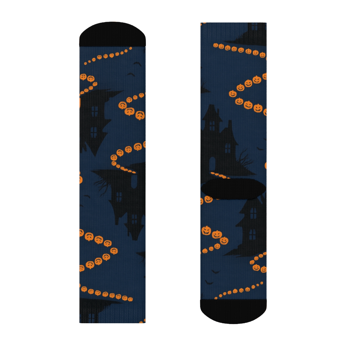 Haunted House Silhouette And Pumpkin Path On Deep Navy Background trendy patterned crew socks