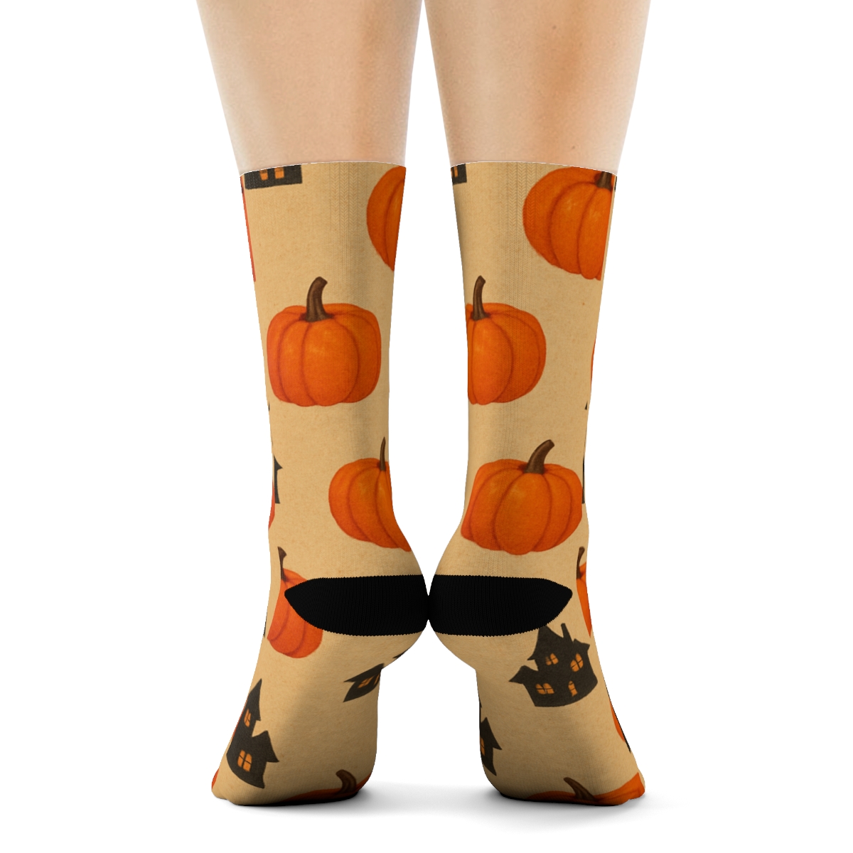 Haunted House Silhouette And Pumpkin Scatter On Proper Neutral Background comfortable cotton crew socks
