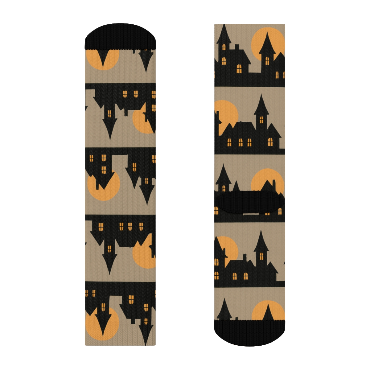 Haunted House Silhouette Rows With Orange Moon Glow On Proper Background unique graphic crew socks