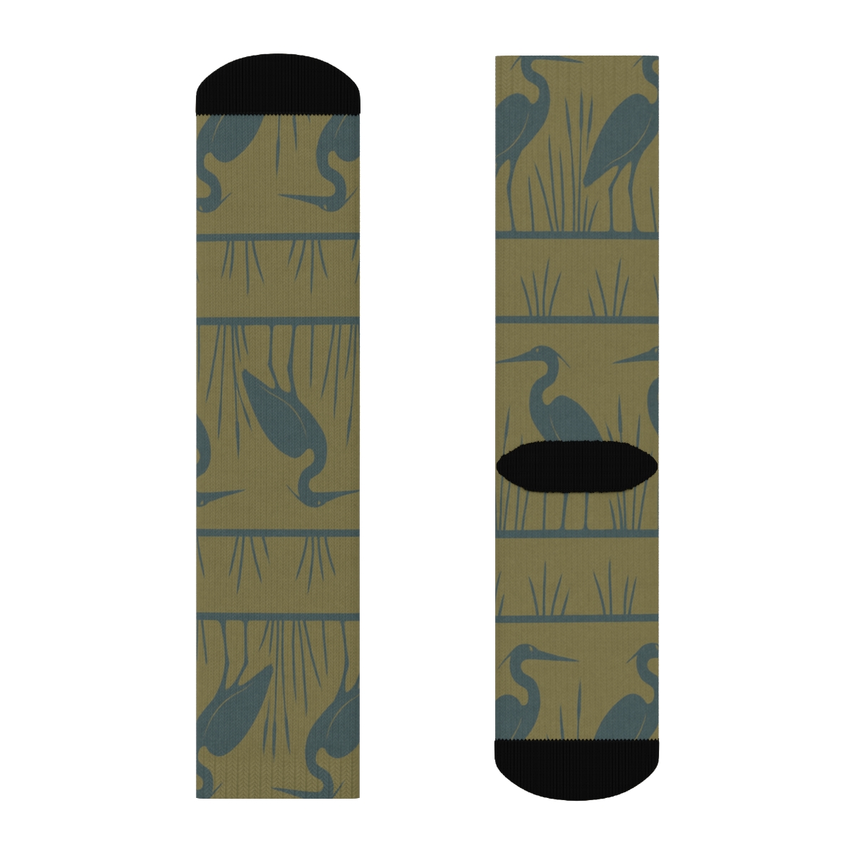 Heron Marsh Silhouette Horizon Bands On Olive Green designer printed crew socks