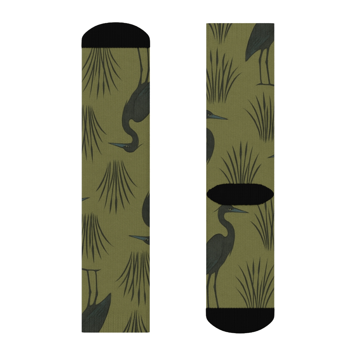 Heron Reed Silhouette Diagonal Array On Marsh Olive unique graphic crew socks