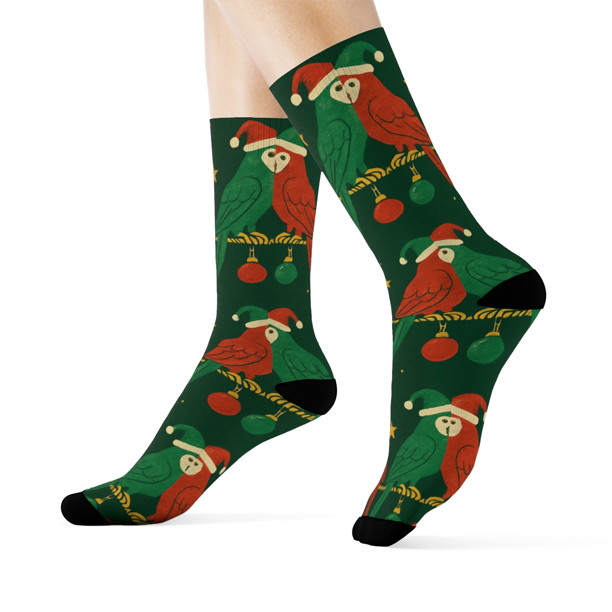 Holiday Parrot Ornament Row unique graphic crew socks