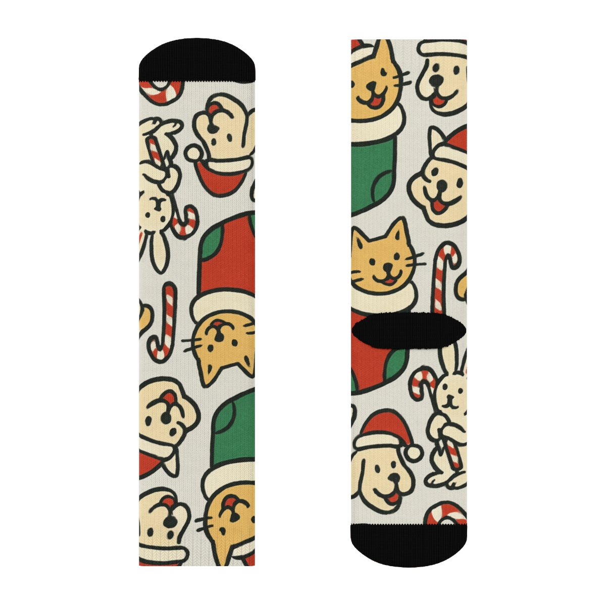 Holiday Pets Scatter On Light Gray designer printed crew socks