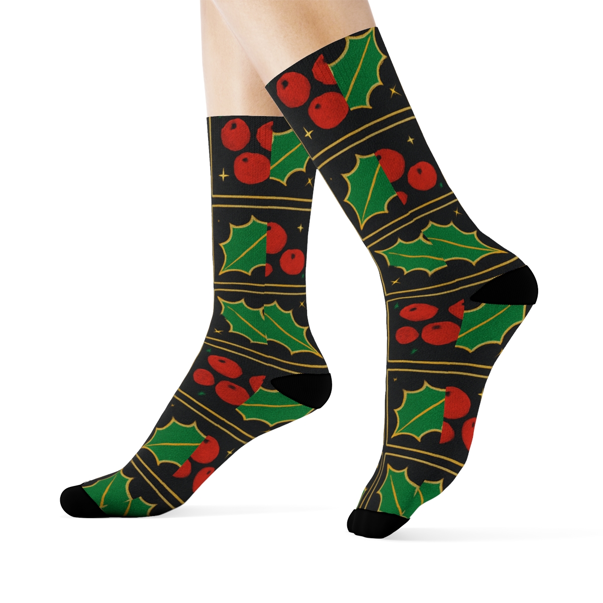 Holly Berry Grid On Charcoal Background designer printed crew socks