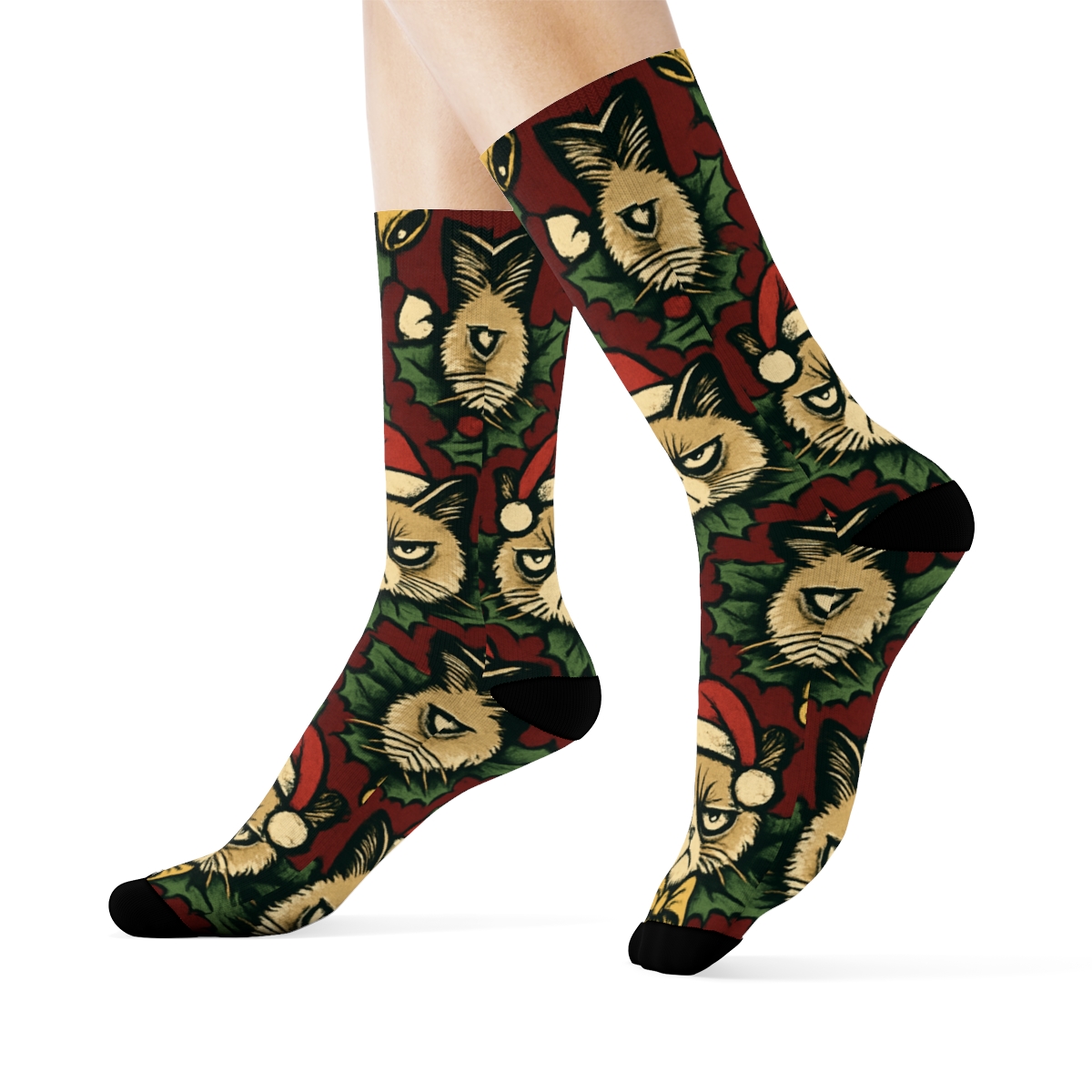 Holly Bow Grumpy Cats Diamond Tiling On Cranberry Red Background trendy patterned crew socks