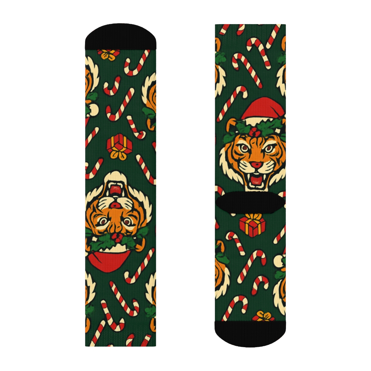 Holly Crown Tiger Tessellation On Deep Pine Green Background custom crew socks