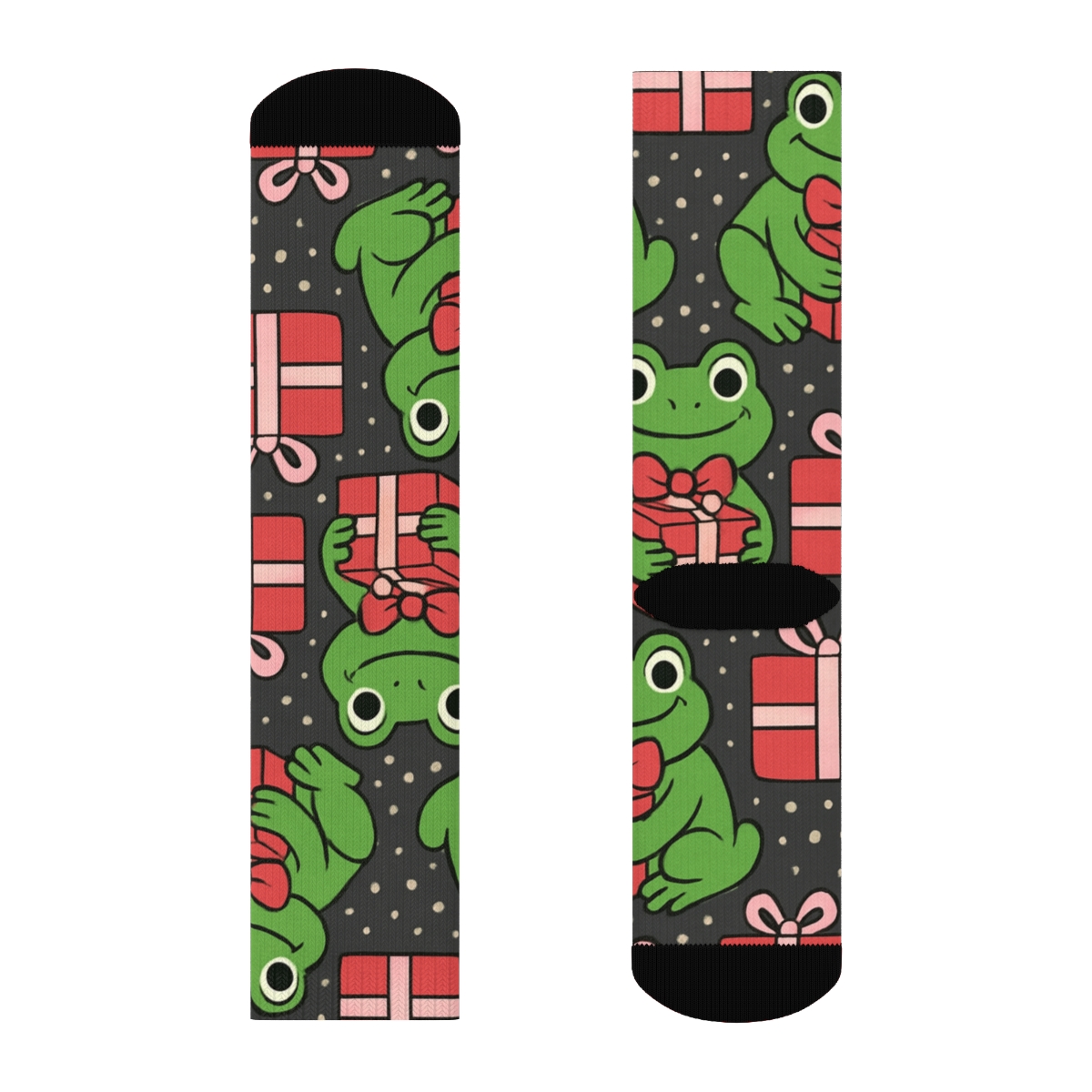 Holly Frog Gift Wrap Tessellation On Charcoal Background trendy patterned crew socks