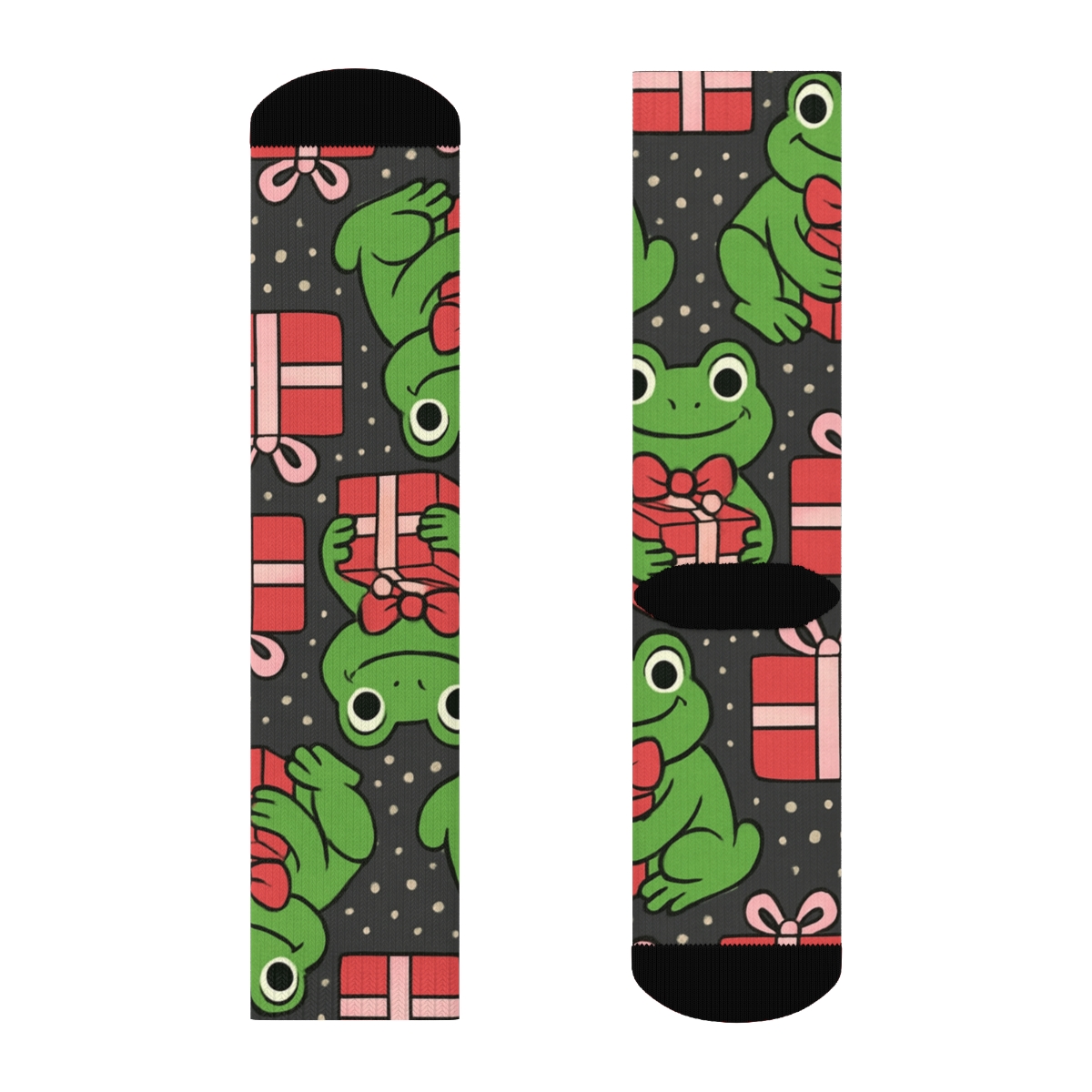 Holly Frog Gift Wrap Tessellation On Charcoal Background trendy patterned crew socks