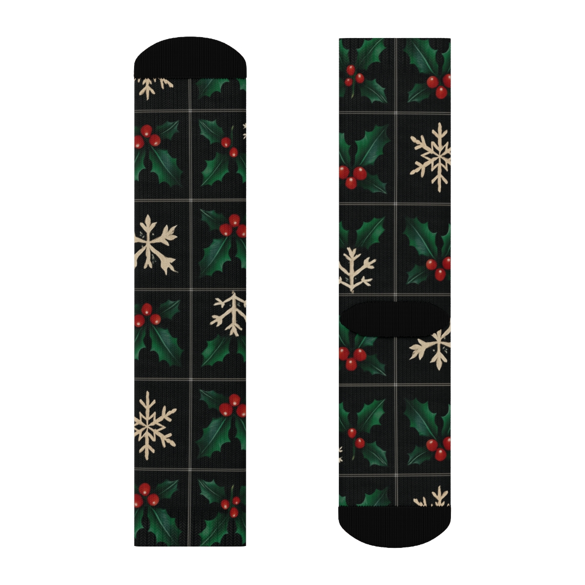Holly Grid With Snowflake Negative Space On Black unique graphic crew socks