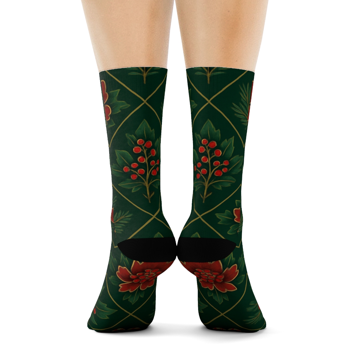 Holly Peony Lattice On Deep Pine Green Background personalized crew socks