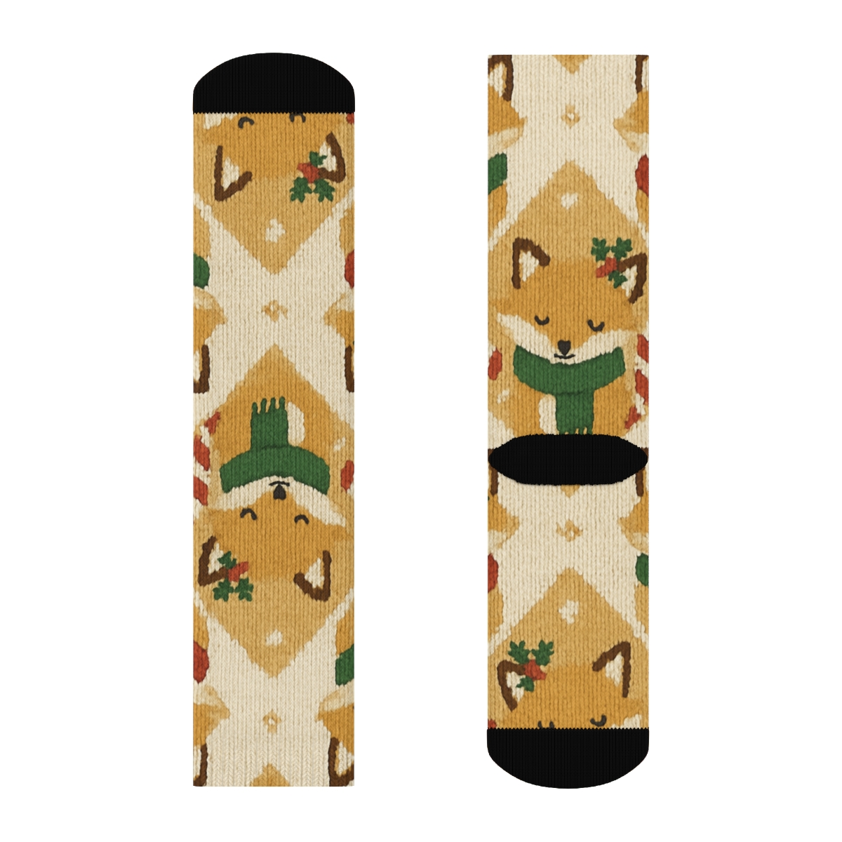 Holly Scarf Foxes Diamond Knit On Cream Background trendy patterned crew socks