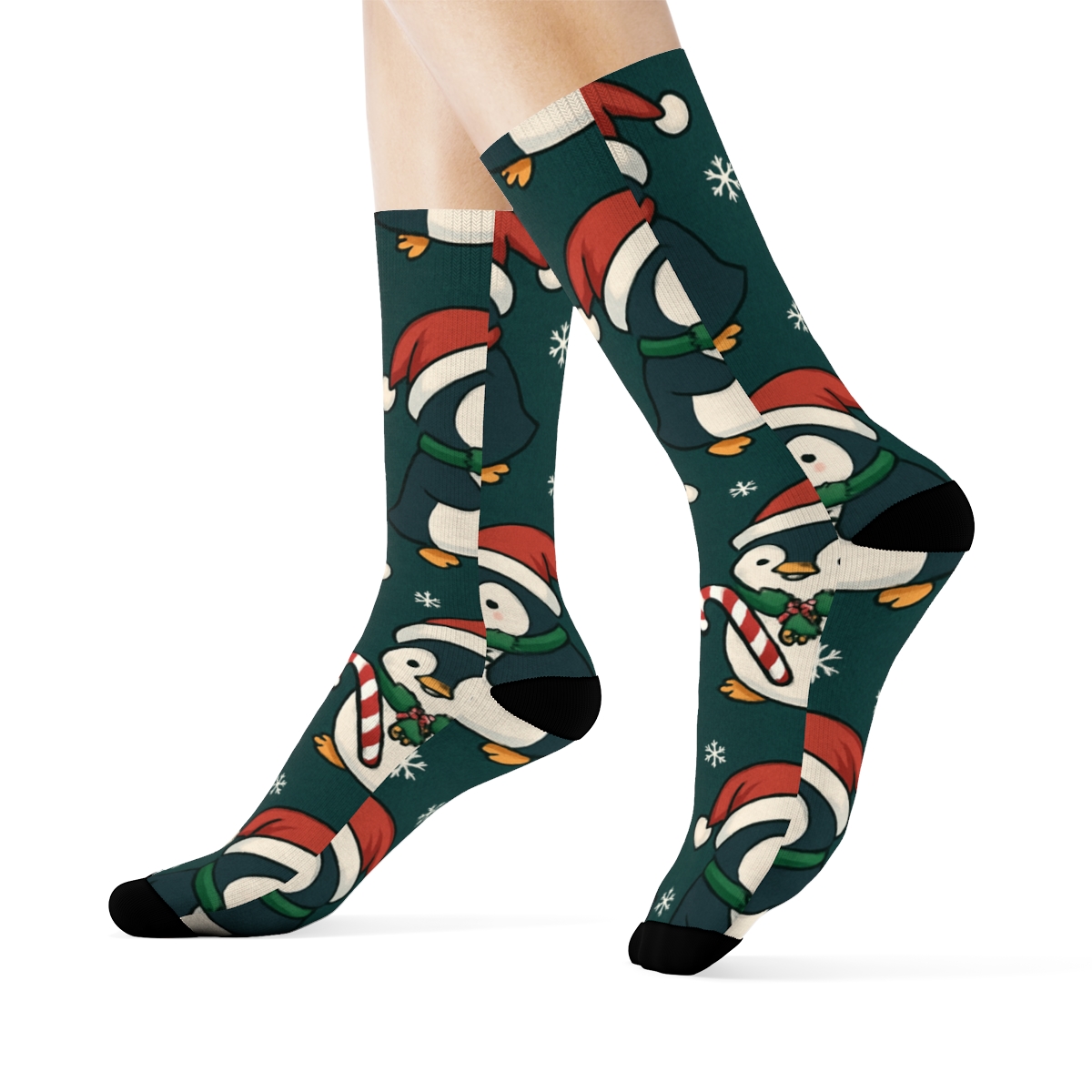 Holly Scarf Penguin Parade On Midnight Green Background comfortable cotton crew socks