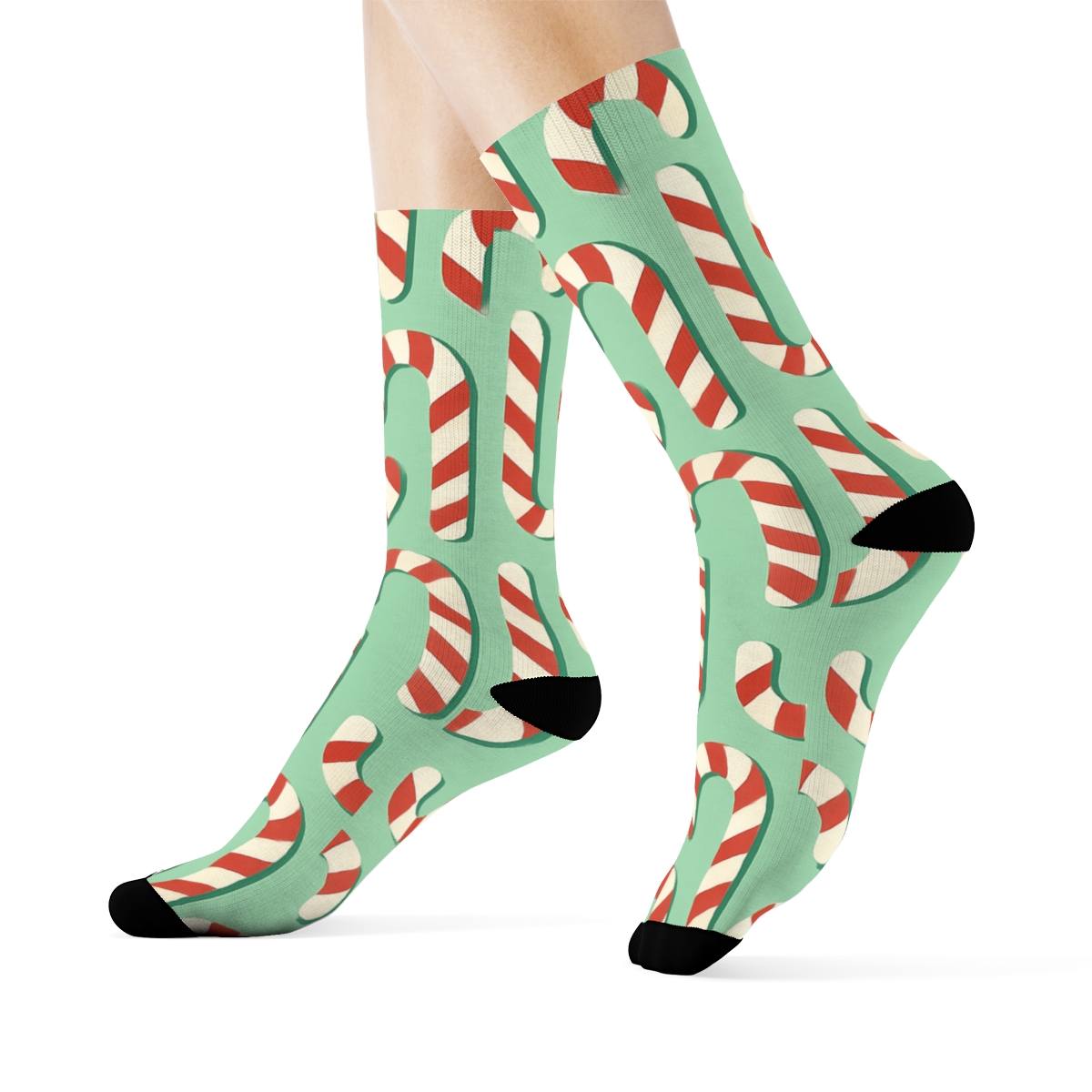 Hooked Candy Canes Tessellation On Mint Green custom crew socks