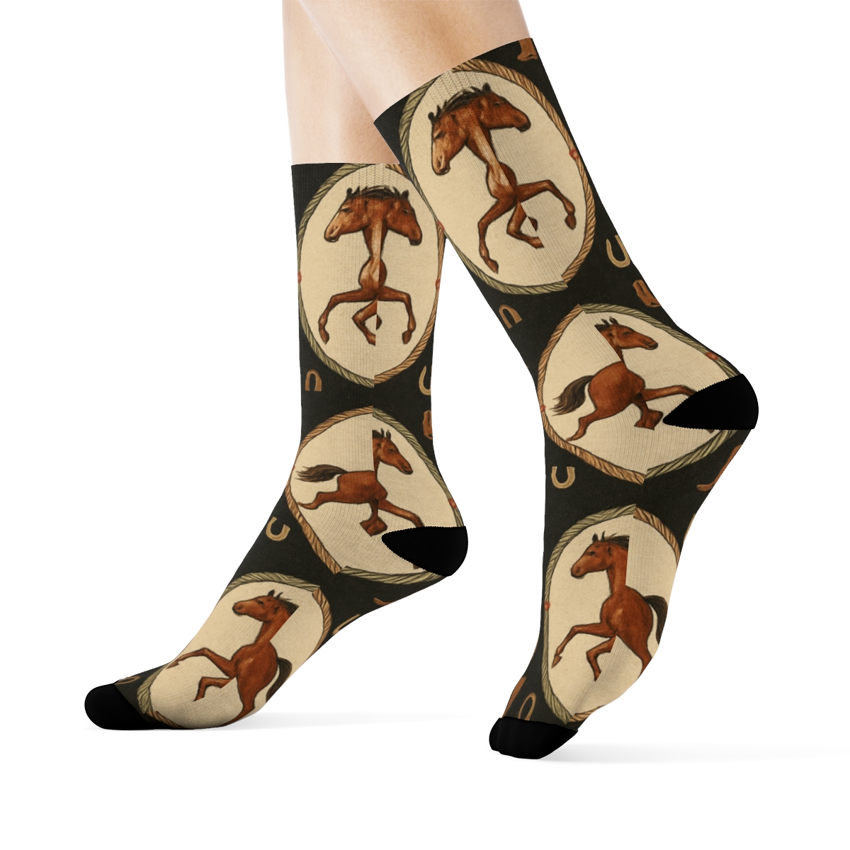 Horses In Rancher Lasso Rosette Grid premium sports crew socks