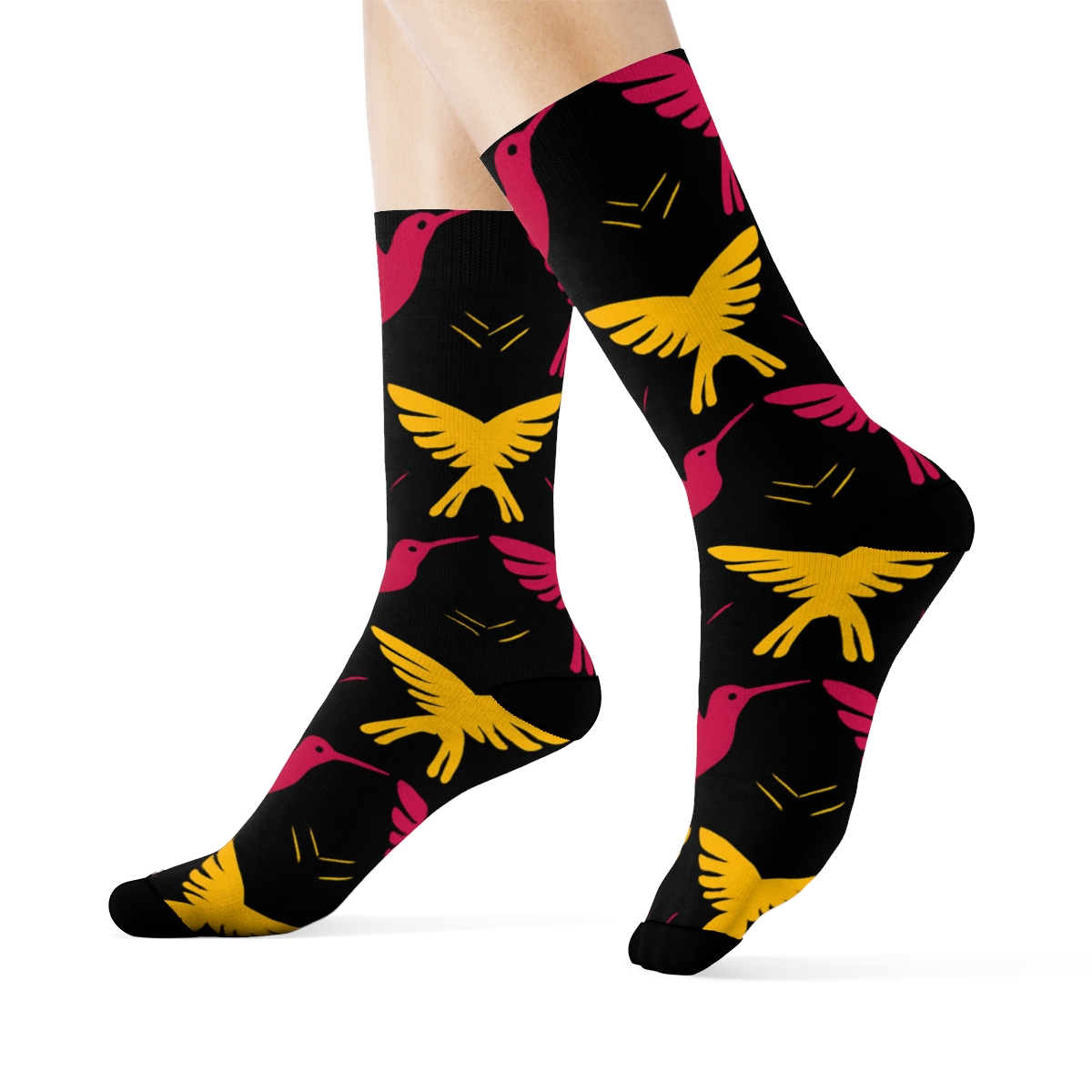 Hummingbird Flight Mirrored Array On Midnight Black personalized crew socks