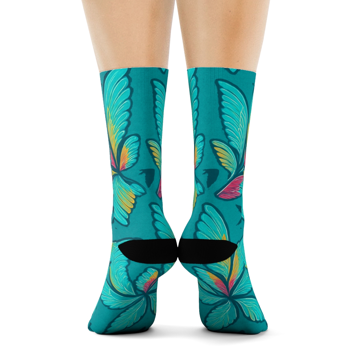 Hummingbird Wing Whirl Tessellation On Teal Background unique graphic crew socks