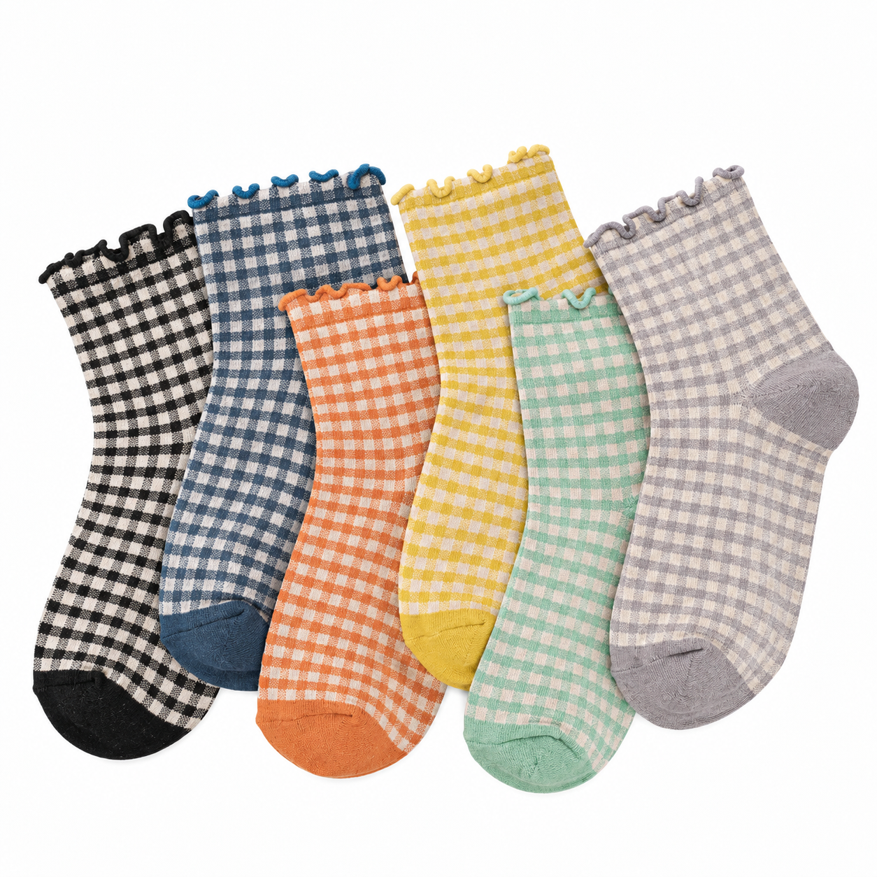 Pack of 6 Retro Gingham Ruffle Trim Casual Socks for Women