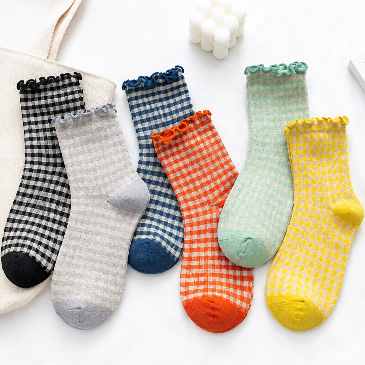 Pack of 6 Retro Gingham Ruffle Trim Casual Socks for Women