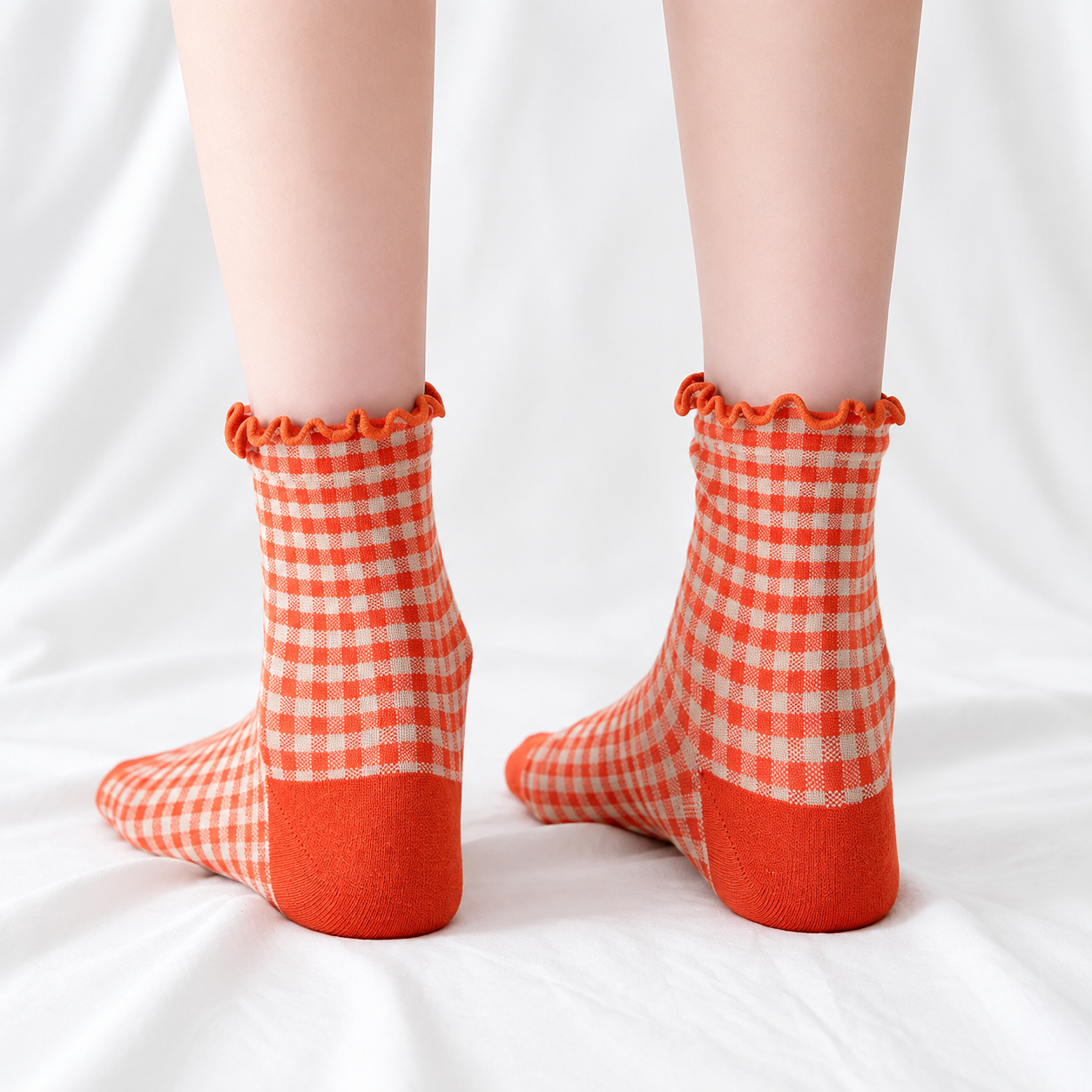 Pack of 6 Retro Gingham Ruffle Trim Casual Socks for Women