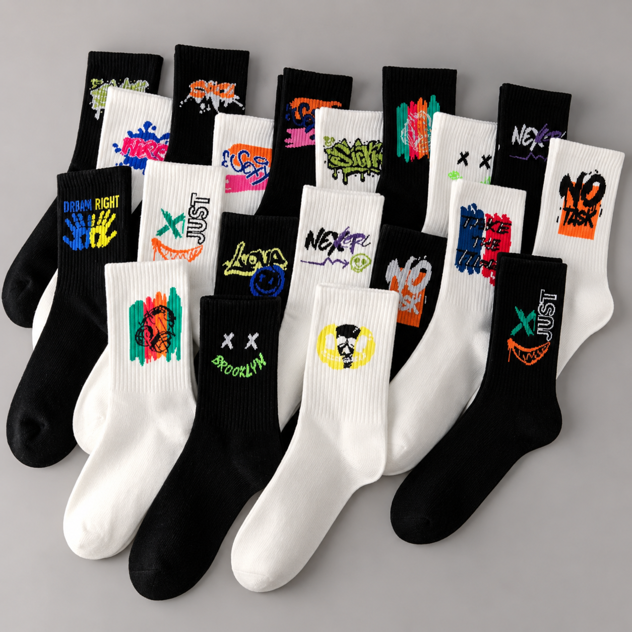 Pack Of 5 Random Print Crew Casual Socks For Men And Women