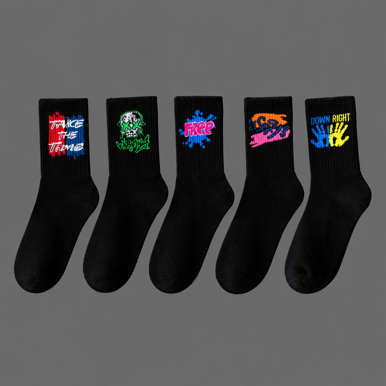 Pack Of 5 Random Print Crew Casual Socks For Men And Women
