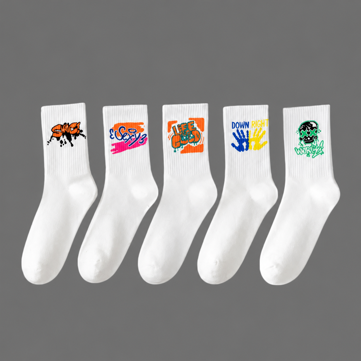 Pack Of 5 Random Print Crew Casual Socks For Men And Women
