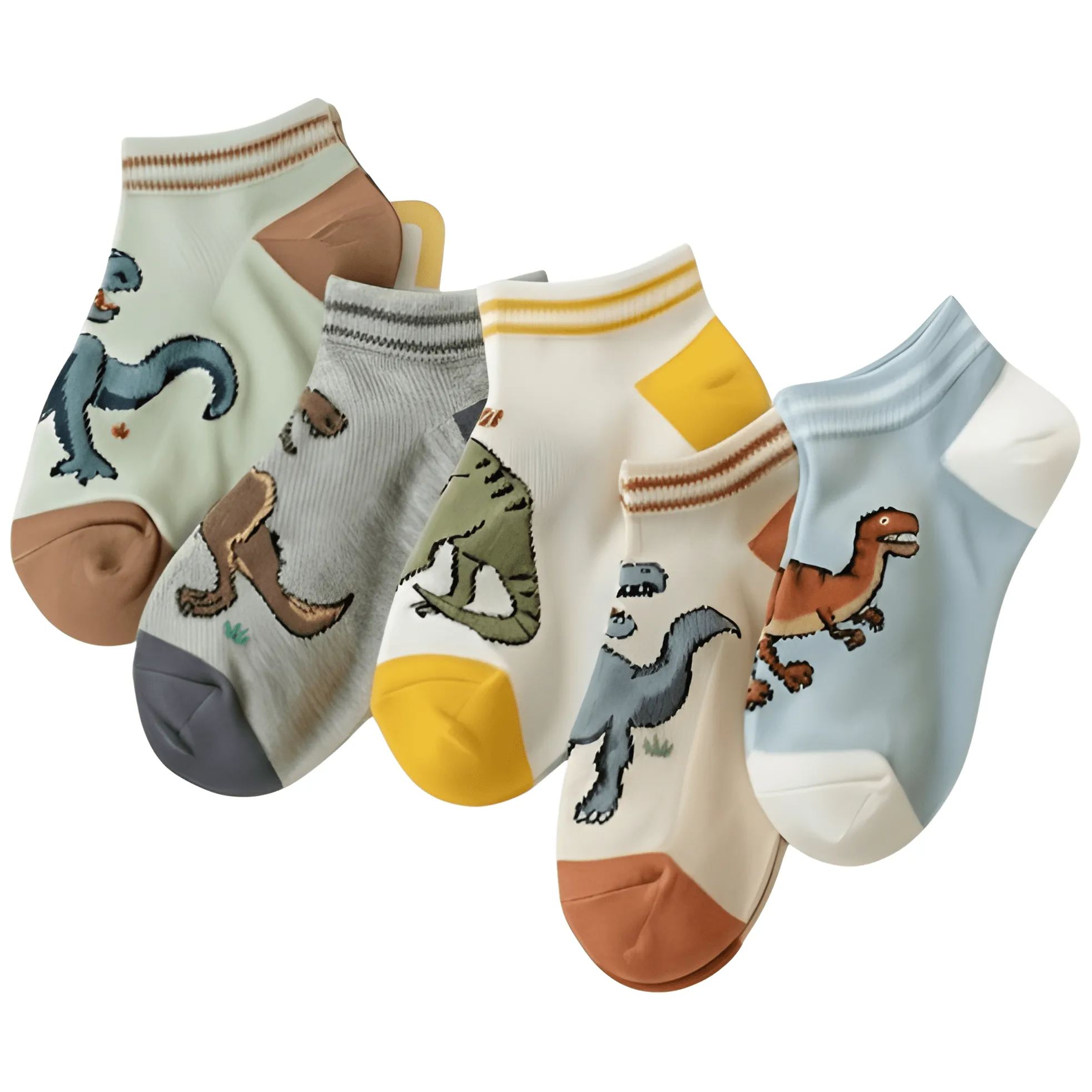 5 Pairs Of Dinosaur No Show Socks For Boys 