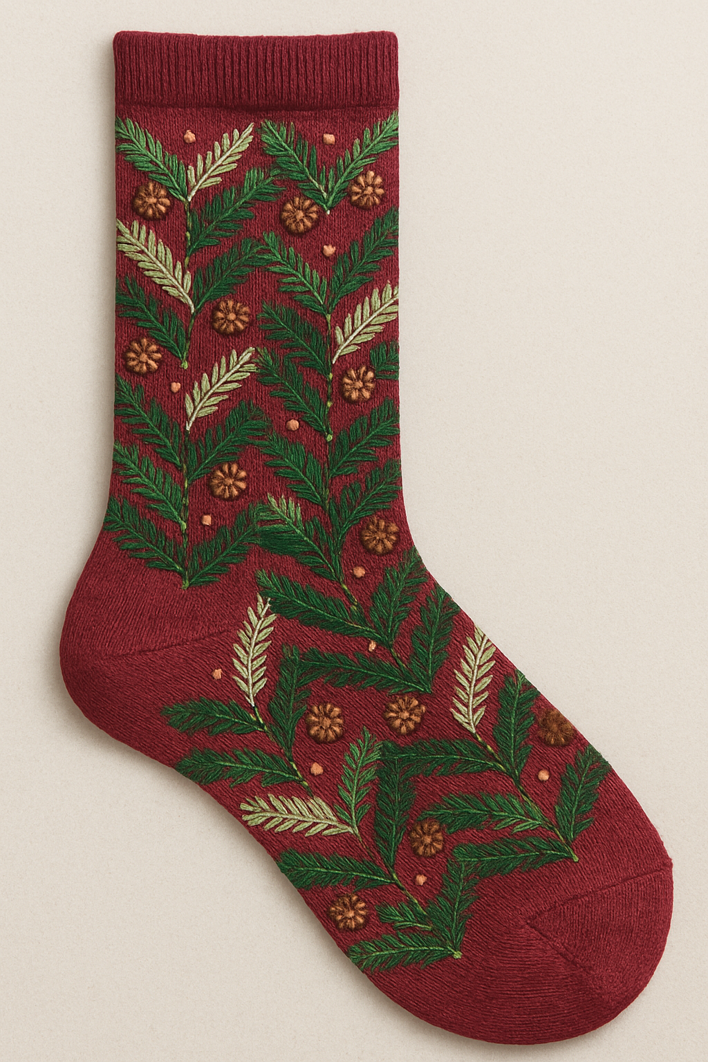 Evergreen Vine Chevron On Cranberry Background designer print over-the-knee socks