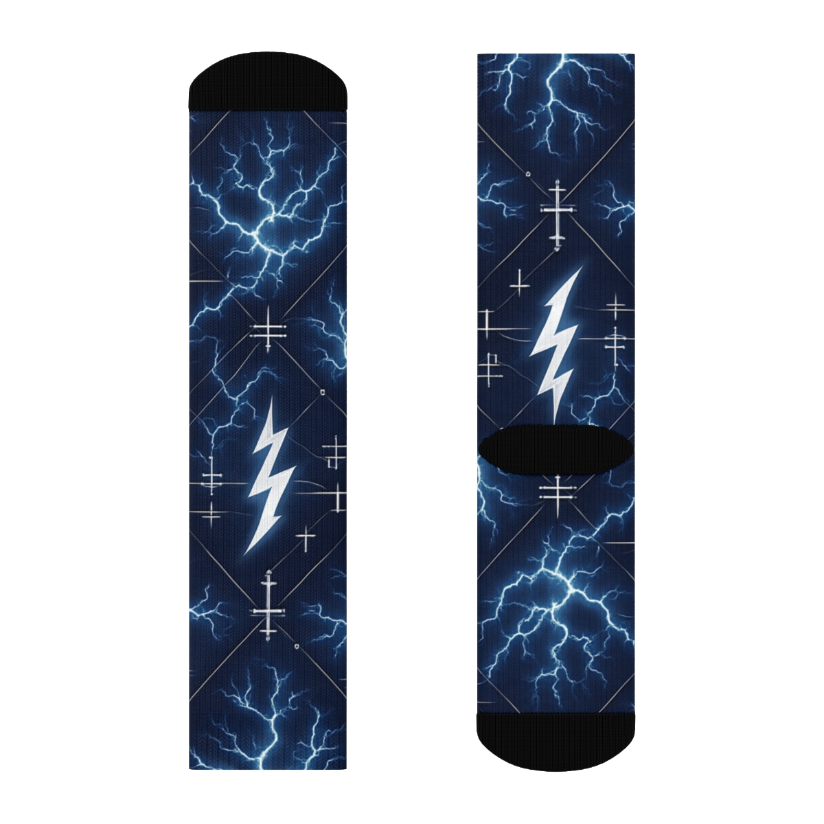 Indigo Conductor Lattice Lightning Collage designer printed crew socks