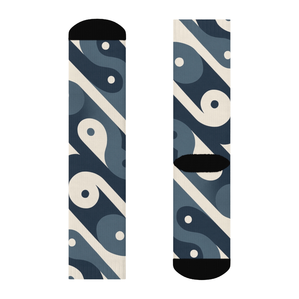 Indigo Cream Interlaced Wave Yin Yang Repeat designer printed crew socks