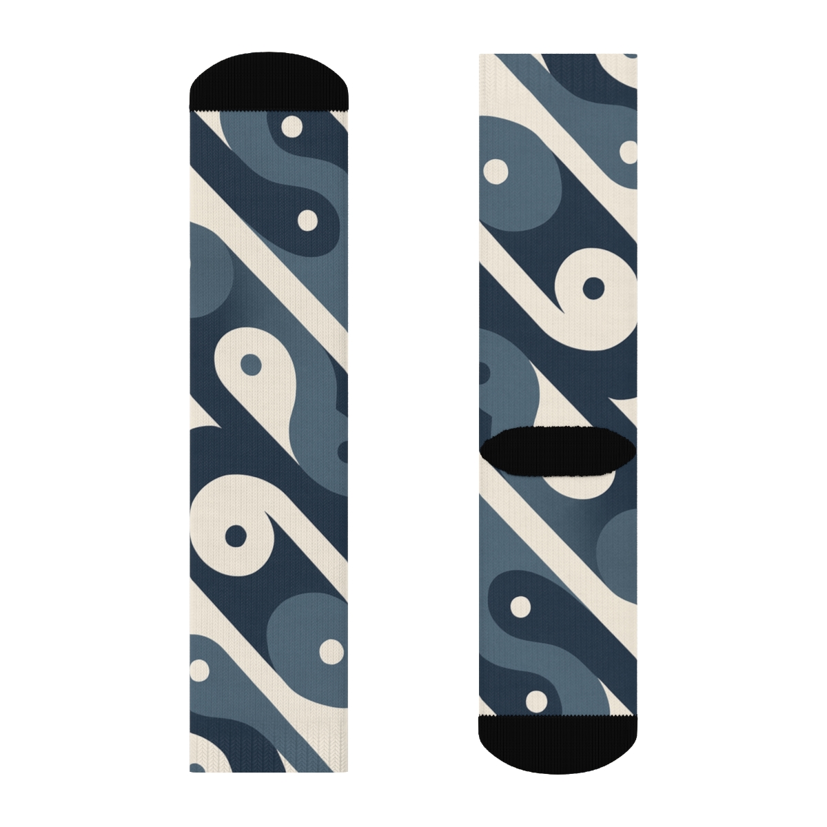 Indigo Cream Interlaced Wave Yin Yang Repeat designer printed crew socks