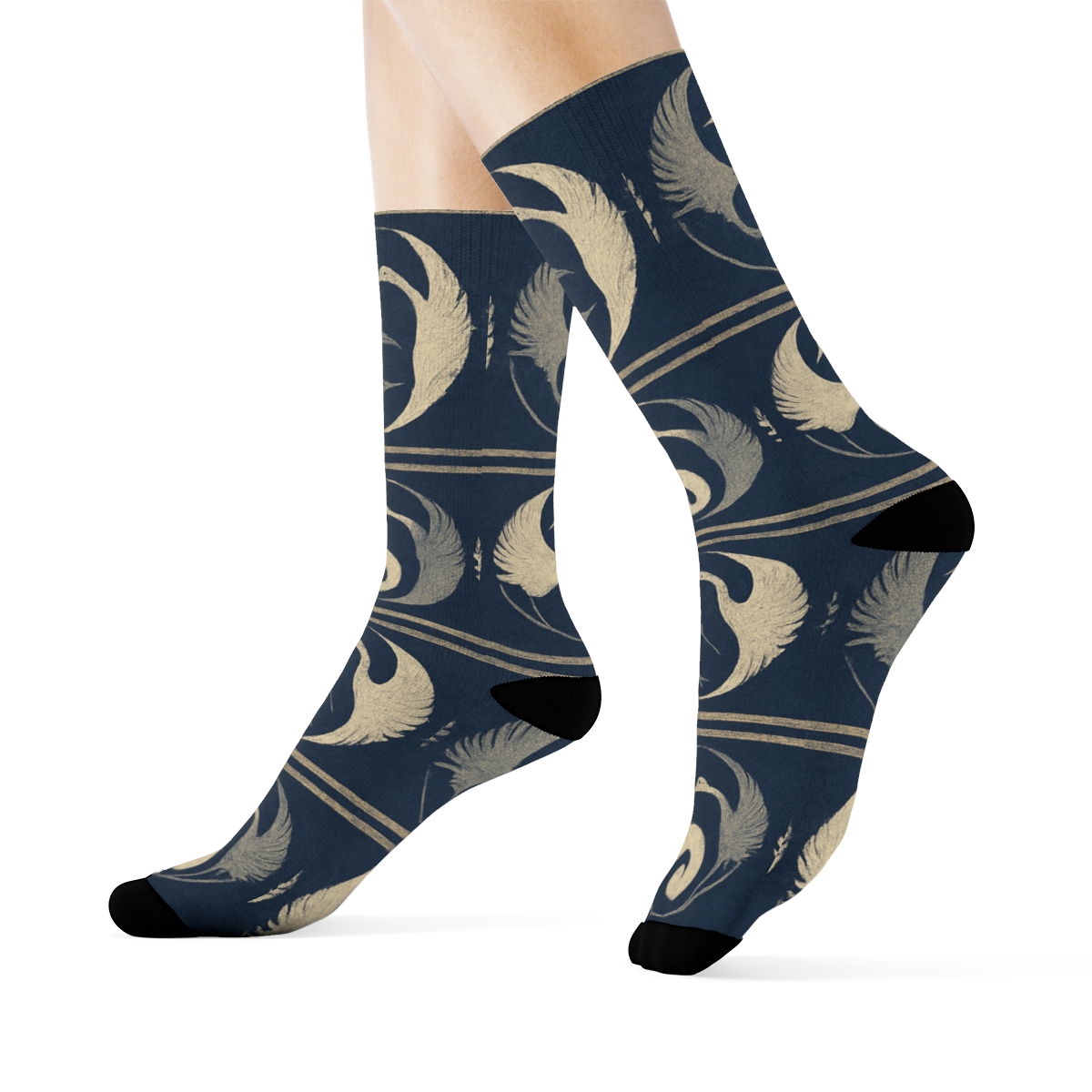 Indigo Dual Crane Border Bands unique graphic crew socks
