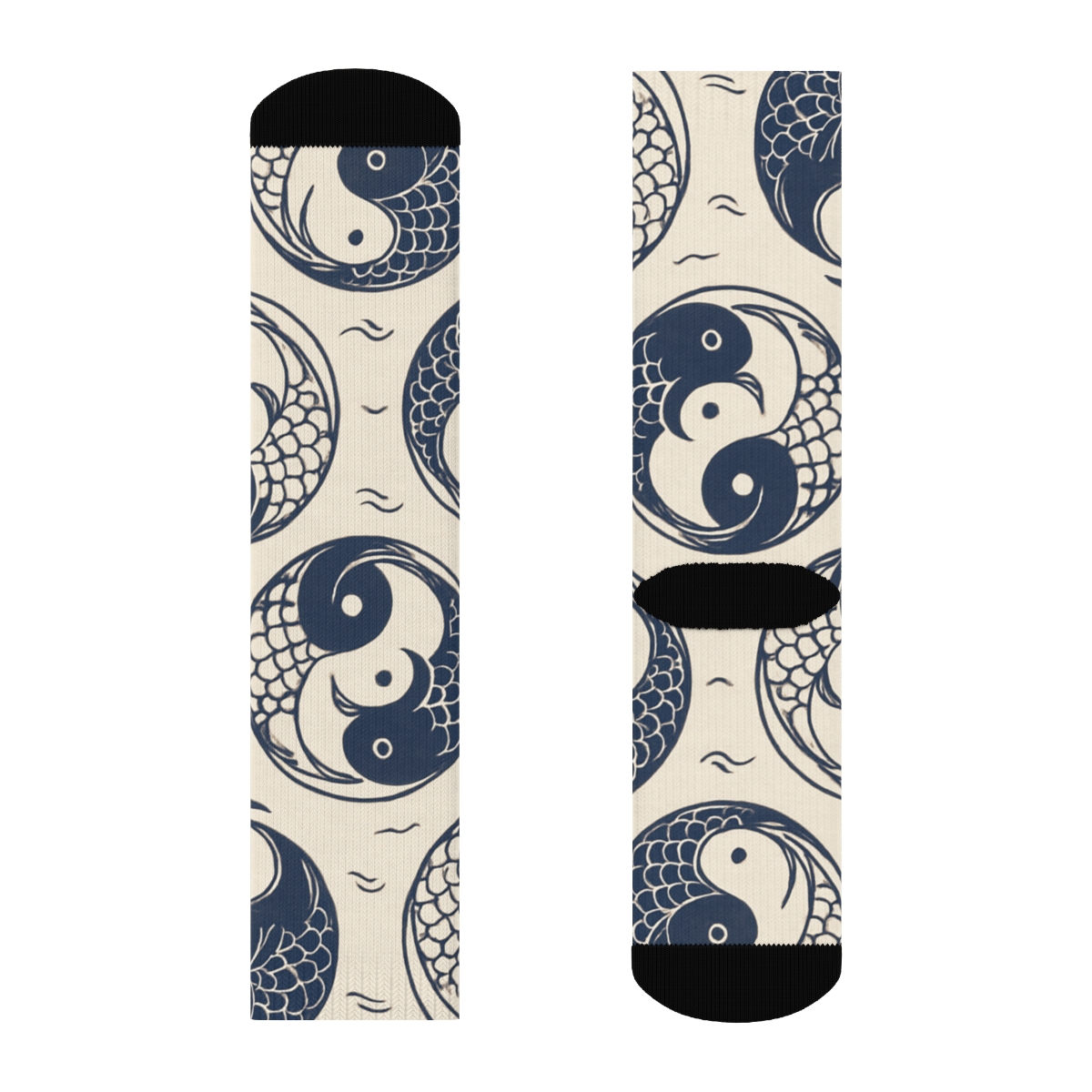 Indigo Koi Dual Spiral Tile On Pale Cream custom crew socks