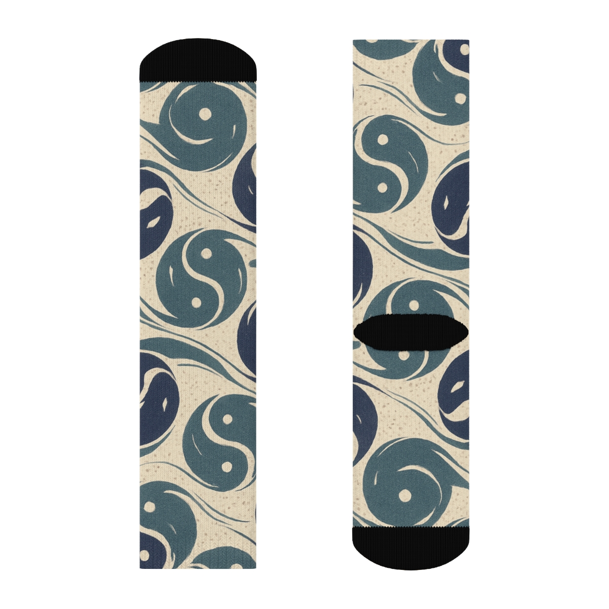 Indigo Koi Duality Waves On Pale Cream personalized crew socks