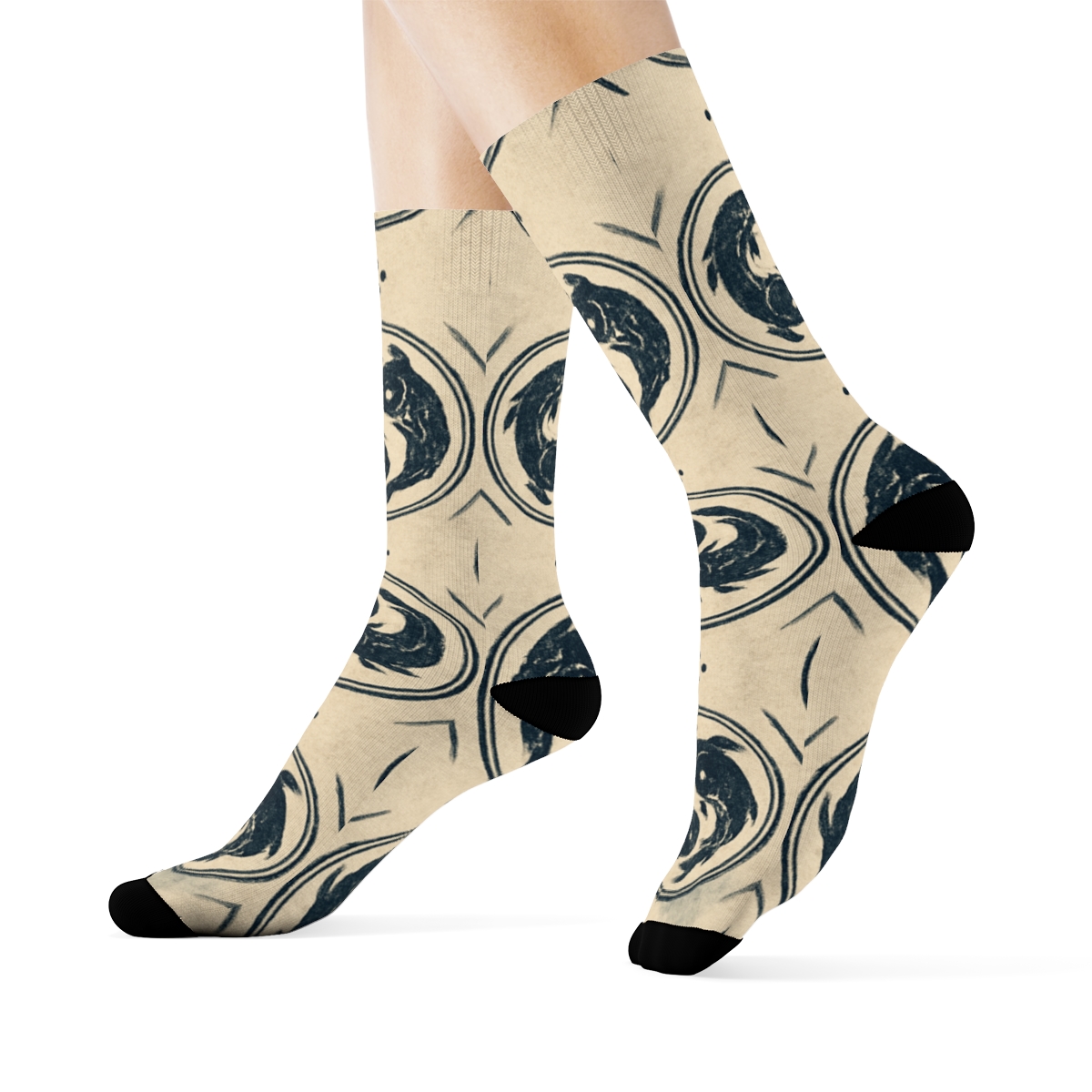 Indigo Koi Mandala Ring Repeat On Pale Cream stylish athletic crew socksIndigo Koi Mandala Ring Repeat on Pale Cream Crew Socks - Image 3