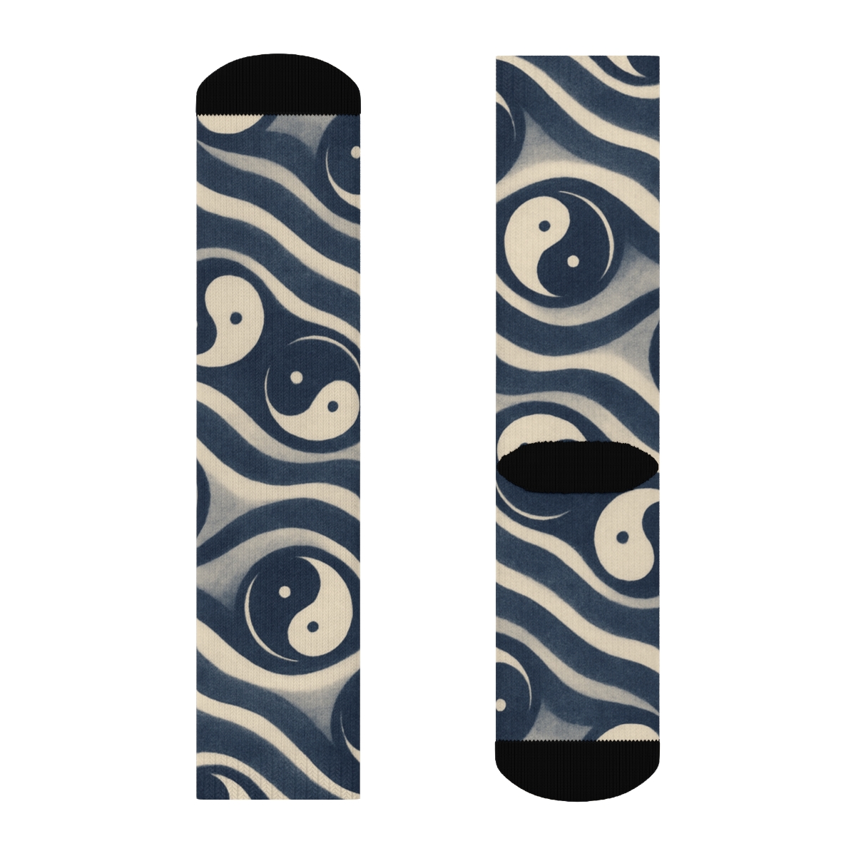 Indigo Koi Teardrop Waves On Pale Cream trendy patterned crew socks