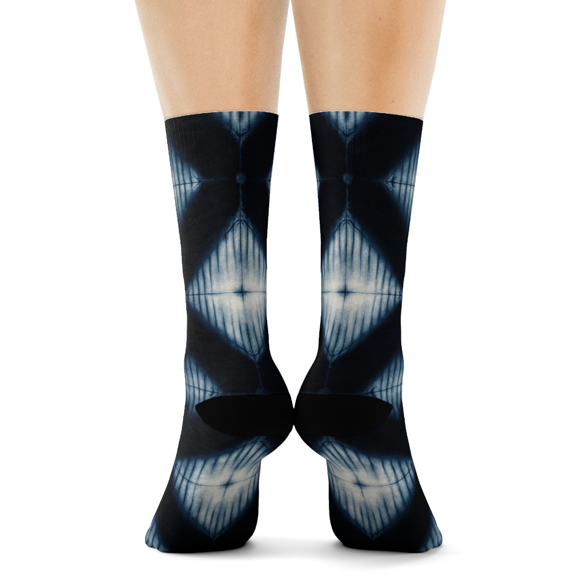 Indigo Shibori Diamond Array On Black Background comfortable cotton crew socks