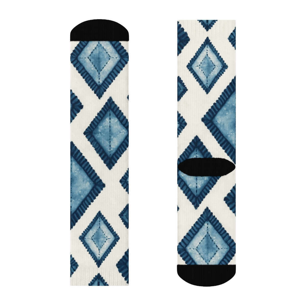 Indigo Shibori Diamond Chevron Array On Ivory Background soft everyday crew socks