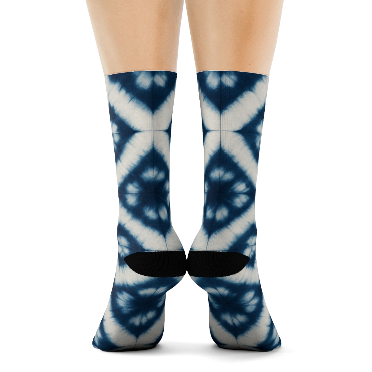 Indigo Shibori Diamond Ladder On Ivory Field stylish athletic crew socksIndigo Shibori Diamond Ladder on Ivory Field Crew Socks - Image 4