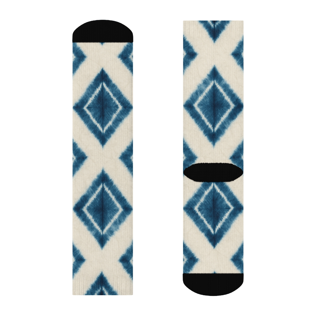 Indigo Shibori Diamond March On Ivory Field designer printed crew socks