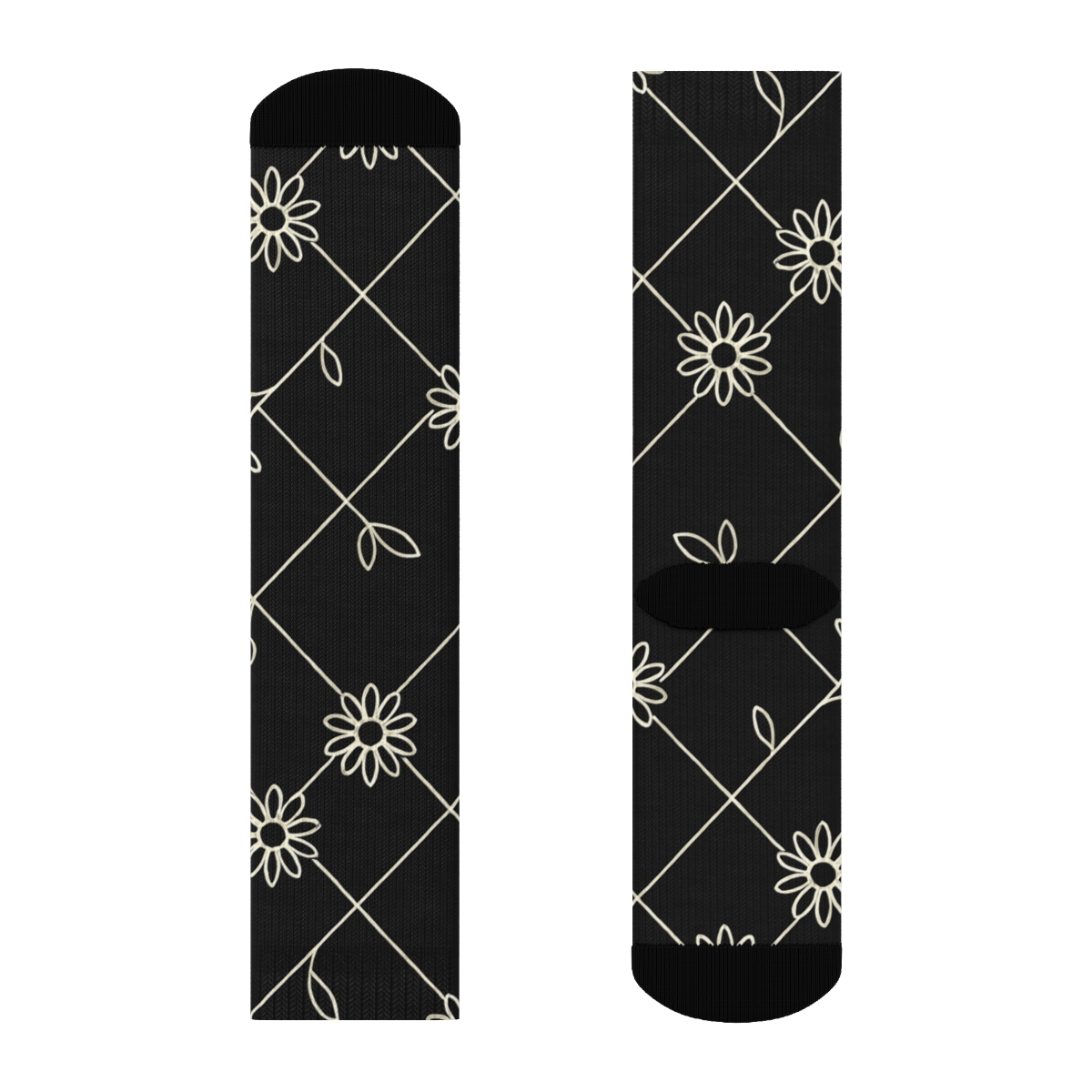 Ivory Daisy Linework Lattice On Black Background comfortable cotton crew socks
