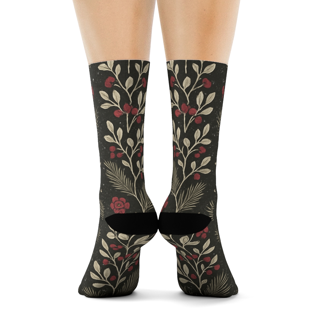 Ivory Mistletoe Cherry Blossom Garland Stripes On Charcoal Background comfortable cotton crew socks