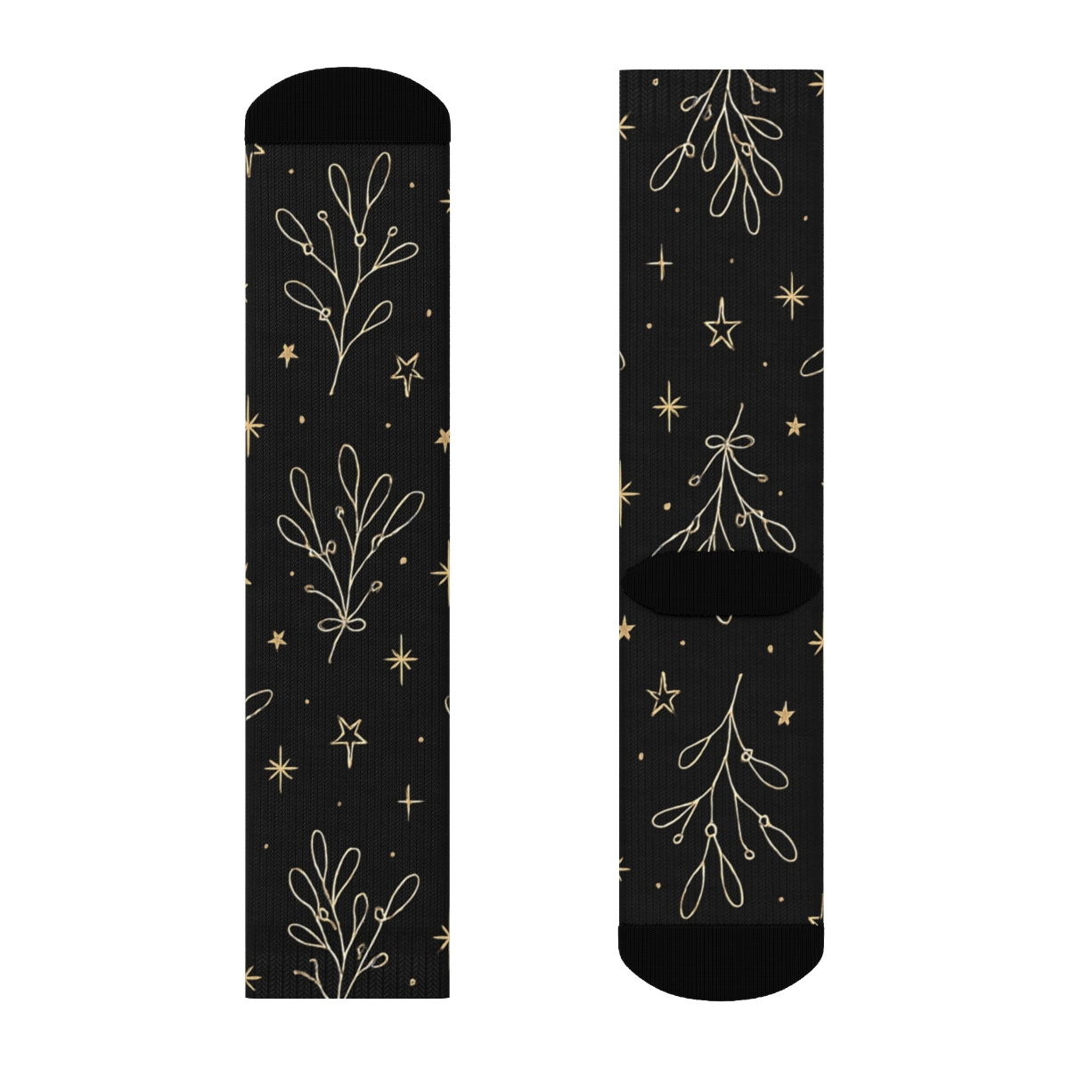 Ivory Mistletoe Line Art Grid On Midnight Black Background designer printed crew socks