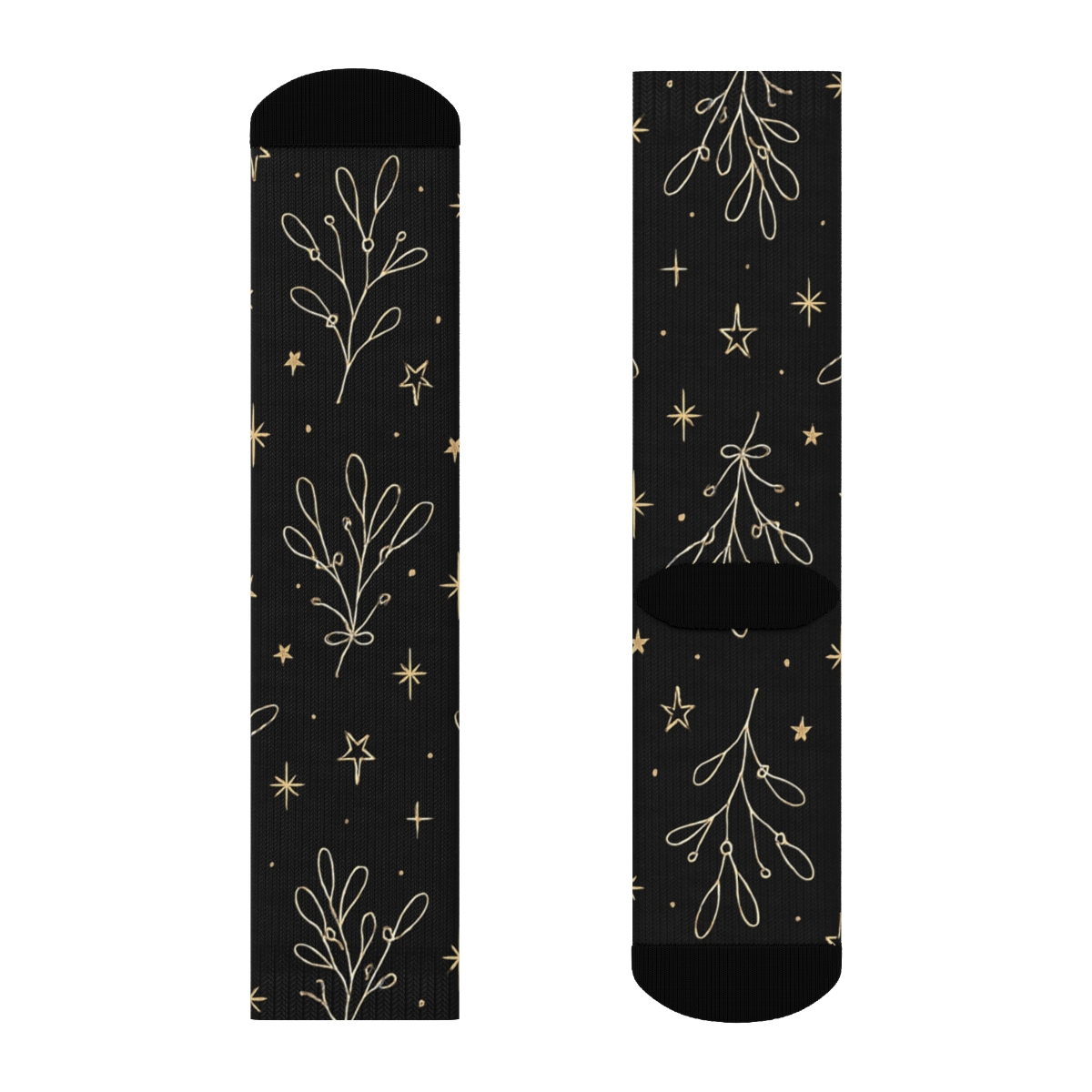 Ivory Mistletoe Line Art Grid On Midnight Black Background designer printed crew socks