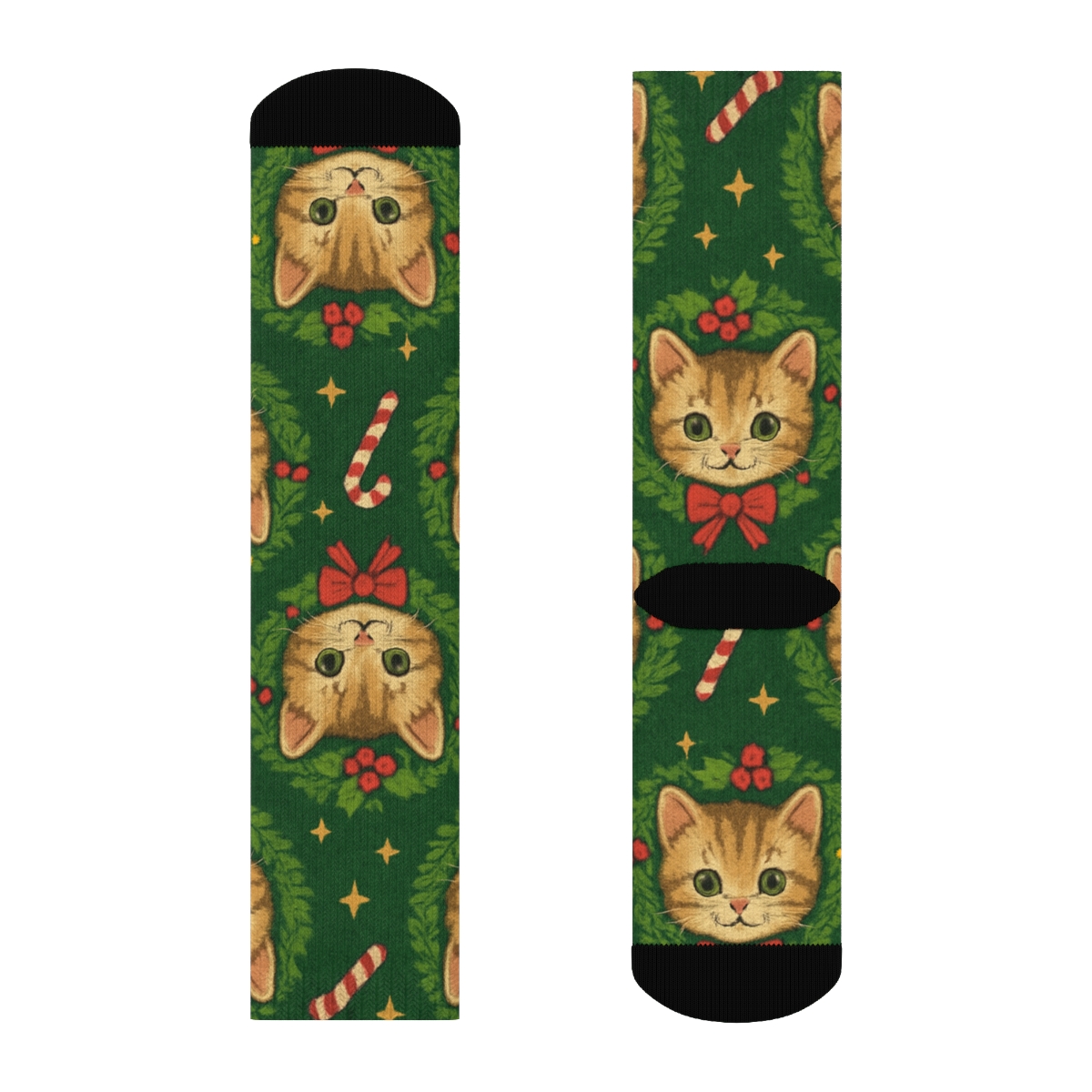 Jolly Cat Wreath Grid On Green Background soft everyday crew socks