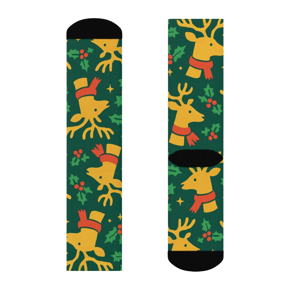 Jolly Reindeer Grid On Evergreen Background designer printed crew socks