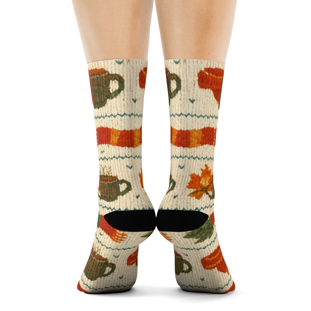 Knitted Campfire Mug Fair Isle On Creamy Beige Background stylish athletic crew socks